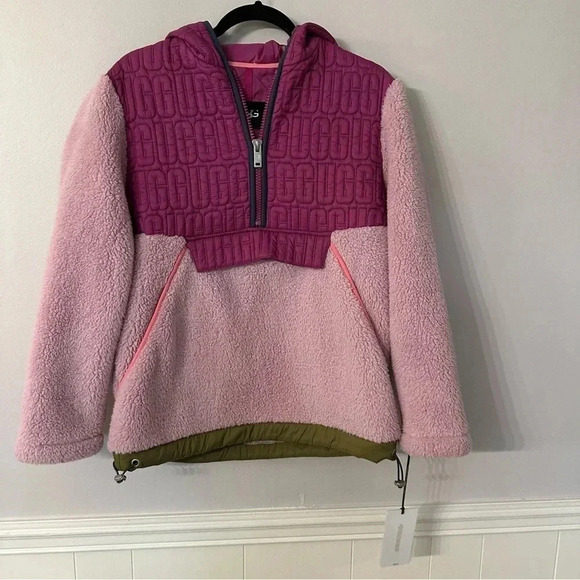 UGG Iggy Sherpa Half Zip Pullover Pink with Hood & Pockets Women's Size XS NWT - Picture 2 of 12